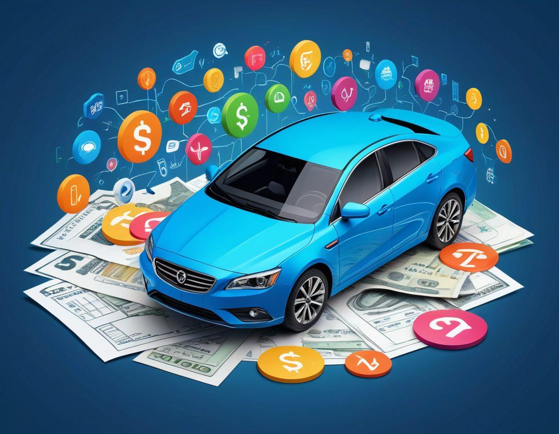 A visually compelling collage showcasing a car surrounded by colorful icons representing affordable insurance policies, calculator, currency symbols, and discount tags. The background features a blueprint-style layout of a car with various coverage options illustrated. Include a lightbulb symbolizing 'tips' glowing brightly above the scene. The color scheme should be vibrant and engaging, drawing attention to the concept of affordability and security. vector art. vibrant colors. white background.